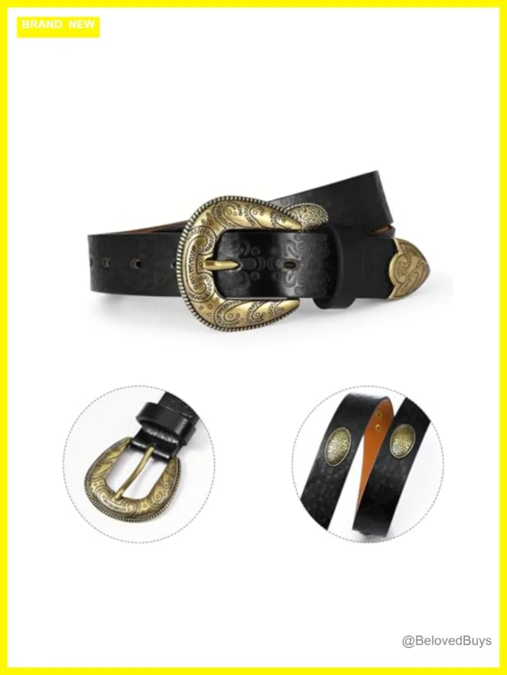 Women's Faux Leather Western Belt with Vintage Buckle for Jeans